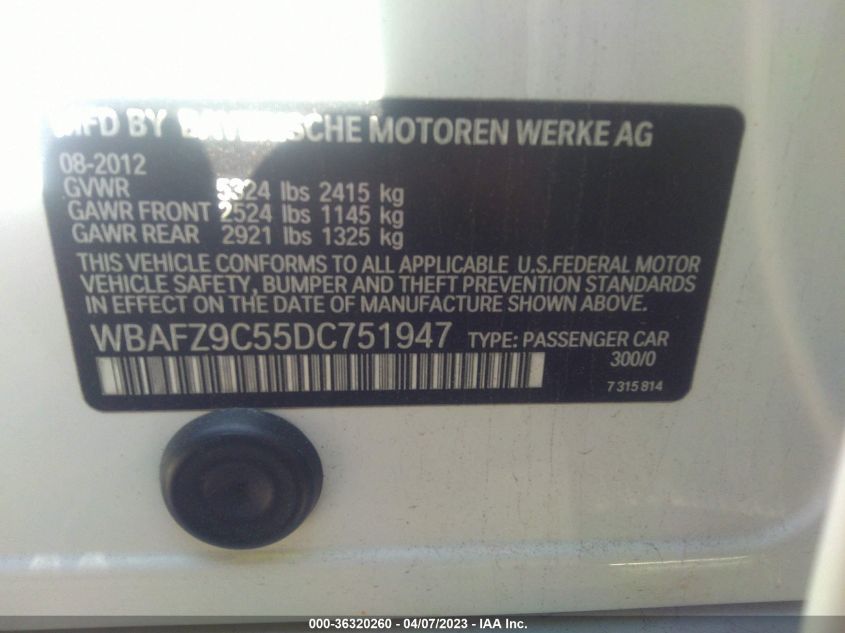 2013 BMW 5 SERIES ACTIVEHYBRID 5 - WBAFZ9C55DC751947