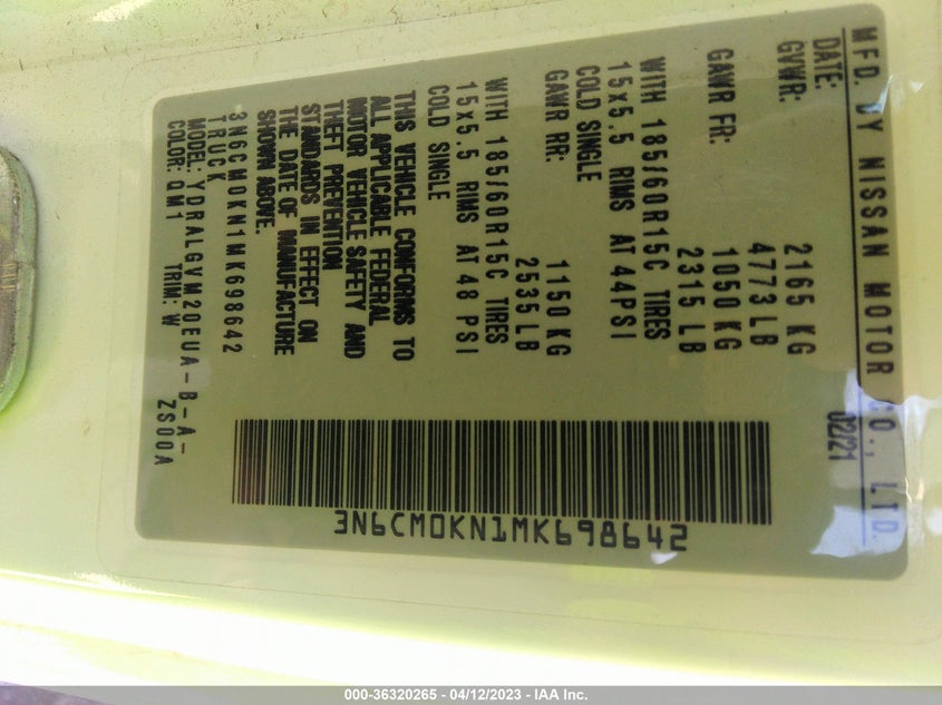 VIN 3N6CM0KN1MK698642 2021 NISSAN NV200 COMPACT CARGO SV