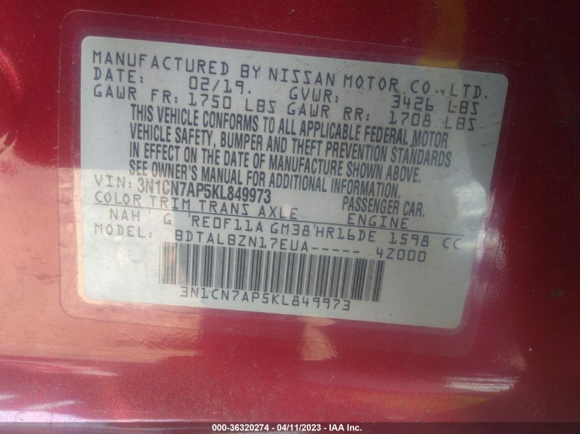 2019 NISSAN VERSA SEDAN SV - 3N1CN7AP5KL849973