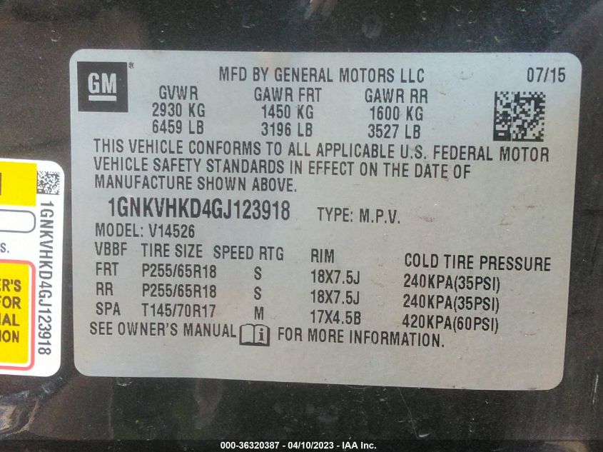 2016 CHEVROLET TRAVERSE LT - 1GNKVHKD4GJ123918