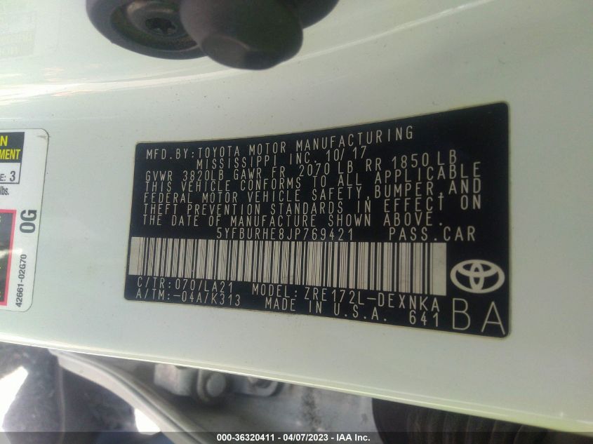 2018 TOYOTA COROLLA L/LE/XLE/SE/XSE - 5YFBURHE8JP769421