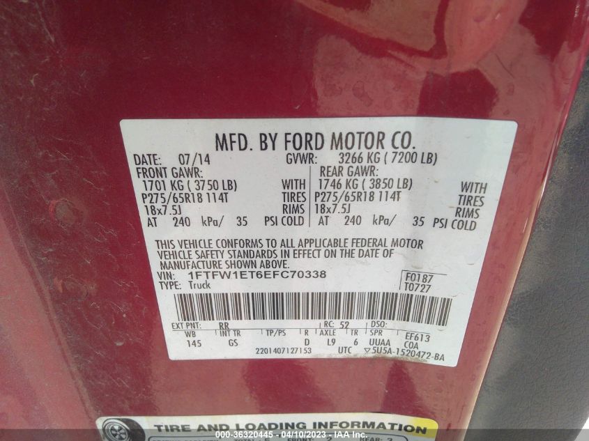 2014 FORD F-150 XL/XLT/FX4/LARIAT - 1FTFW1ET6EFC70338