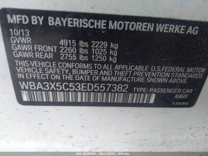 2014 BMW 3 SERIES GRAN TURISMO 328I XDRIVE WBA3X5C53ED557382