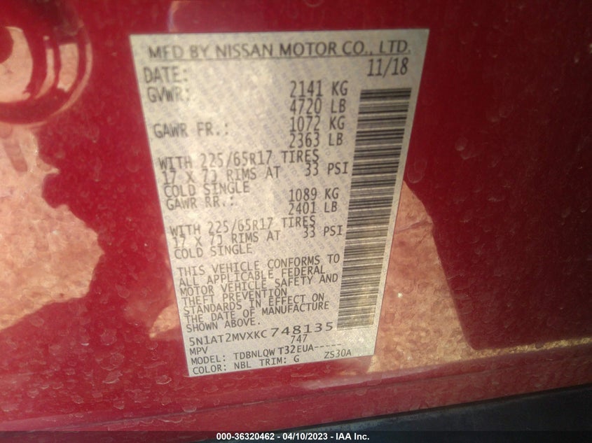 VIN 5N1AT2MVXKC748135 2019 NISSAN ROGUE SV