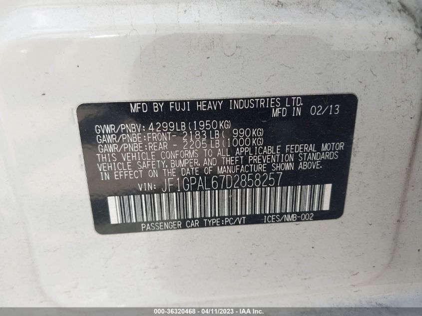 2013 SUBARU IMPREZA WAGON 2.0I SPORT PREMIUM - JF1GPAL67D2858257