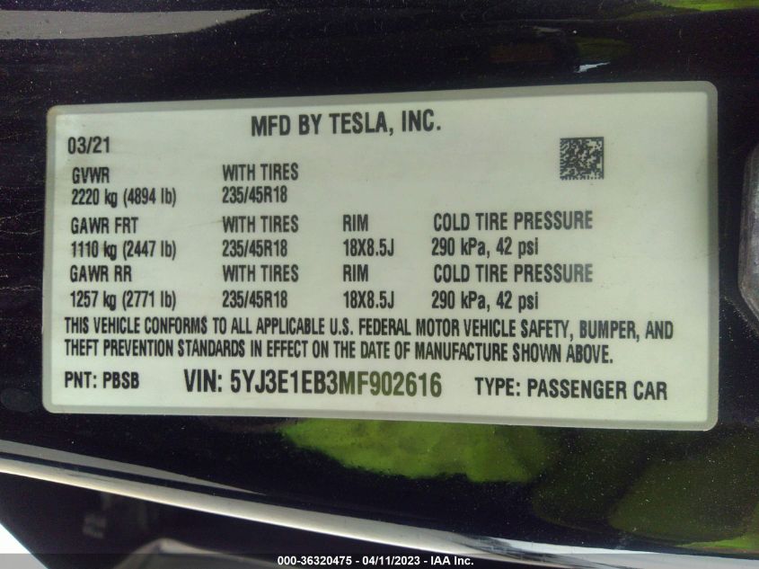 2021 TESLA MODEL 3 LONG RANGE - 5YJ3E1EB3MF902616
