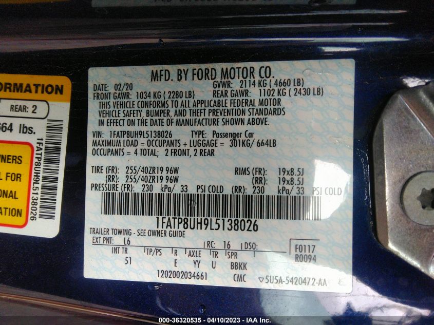 2020 FORD MUSTANG ECOBOOST - 1FATP8UH9L5138026