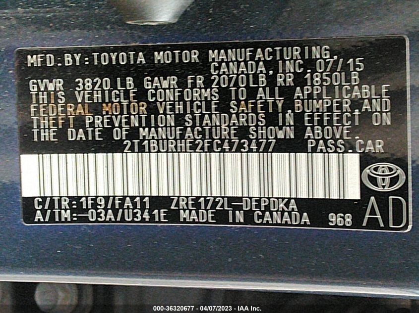 2015 TOYOTA COROLLA L/LE/S/S PLUS/LE PLUS - 2T1BURHE2FC473477