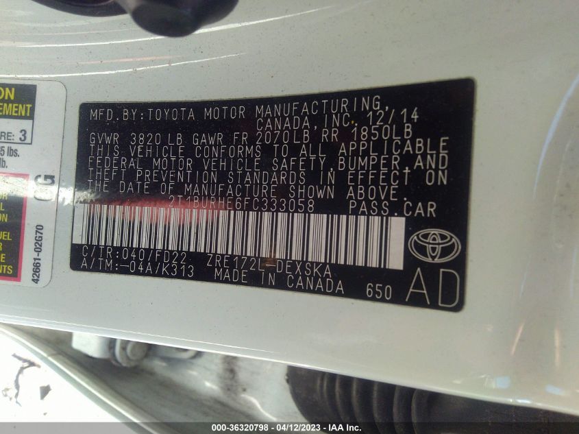 2015 TOYOTA COROLLA L/LE/S/S PLUS/LE PLUS - 2T1BURHE6FC333058