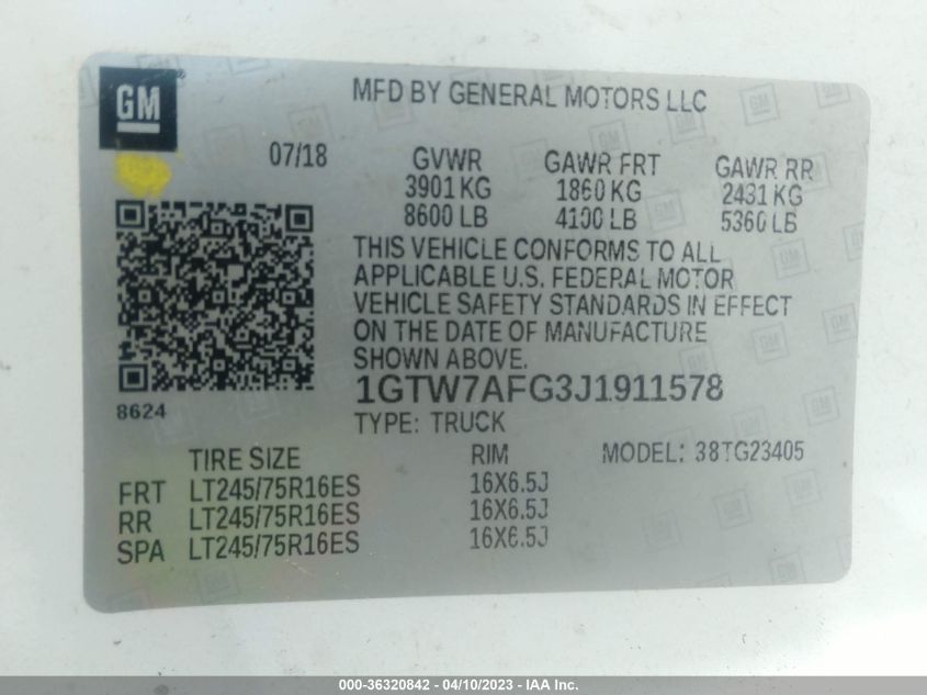 2018 GMC SAVANA CARGO VAN - 1GTW7AFG3J1911578