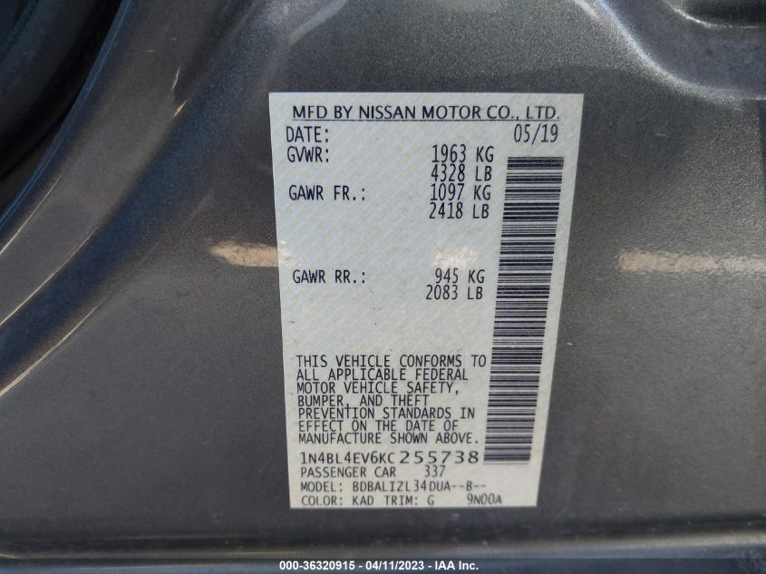 2019 NISSAN ALTIMA 2.5 SL - 1N4BL4EV6KC255738