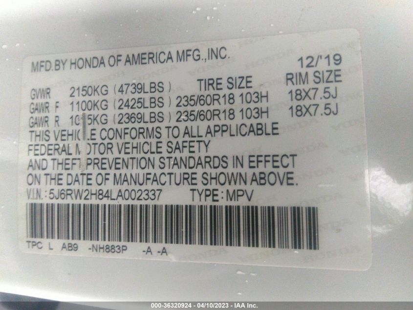 2020 HONDA CR-V EX-L - 5J6RW2H84LA002337