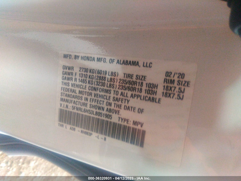 VIN 5FNRL6H53LB051905 2020 HONDA ODYSSEY EX