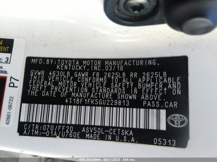 2016 TOYOTA CAMRY XLE/SE/LE/XSE - 4T1BF1FK5GU229813