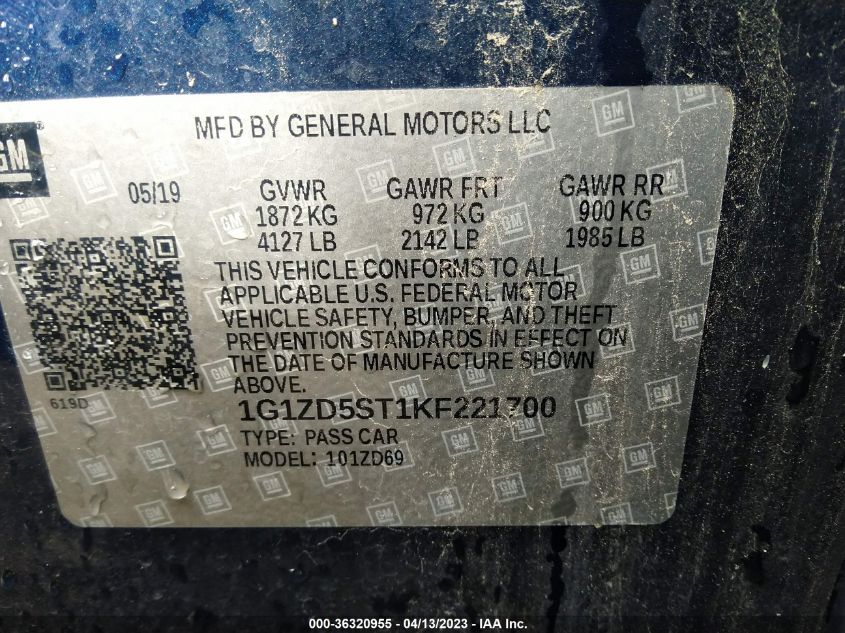 2019 CHEVROLET MALIBU LT - 1G1ZD5ST1KF221700
