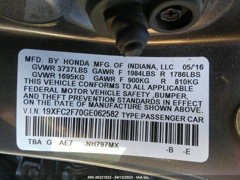 2016 HONDA CIVIC SEDAN EX - 19XFC2F70GE062582