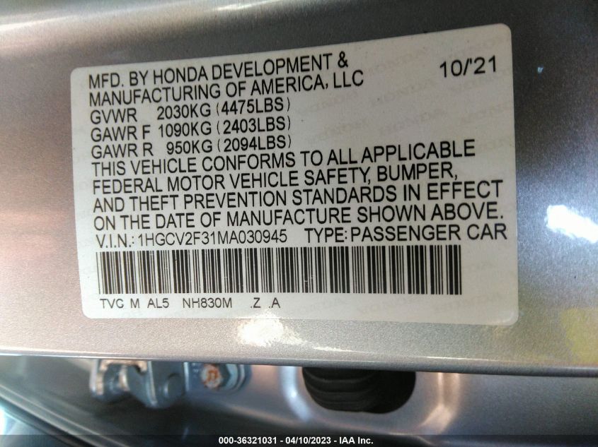 2021 HONDA ACCORD SEDAN SPORT - 1HGCV2F31MA030945