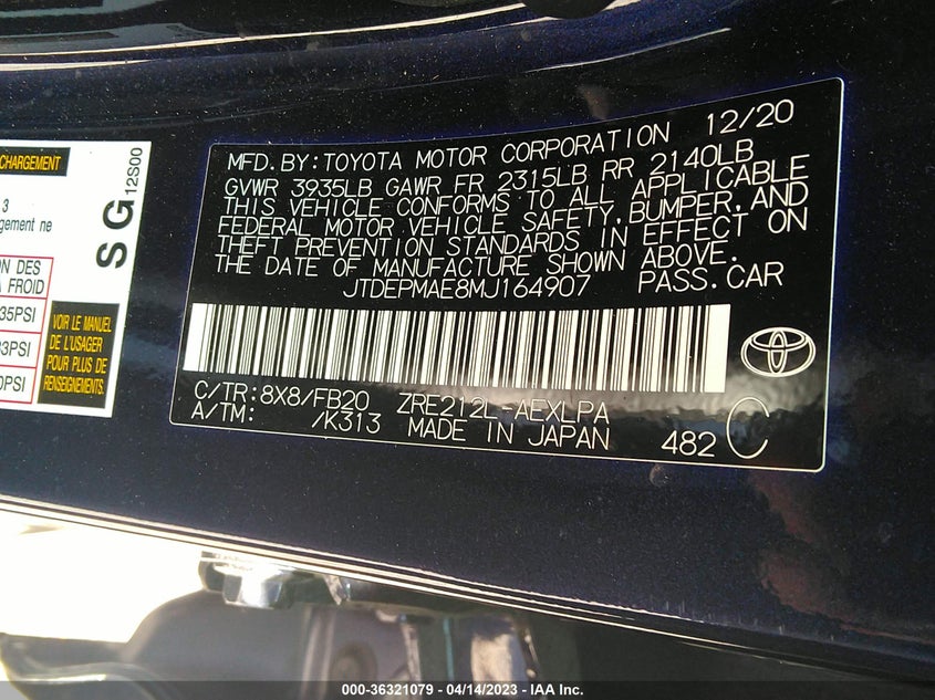 VIN JTDEPMAE8MJ164907 2021 TOYOTA COROLLA LE