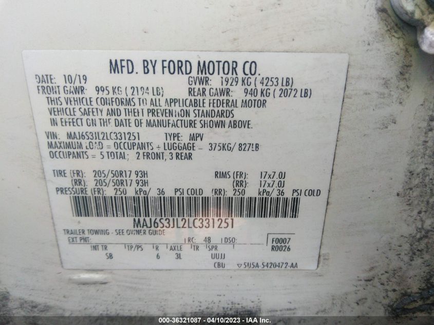 2020 FORD ECOSPORT SES - MAJ6S3JL2LC331251