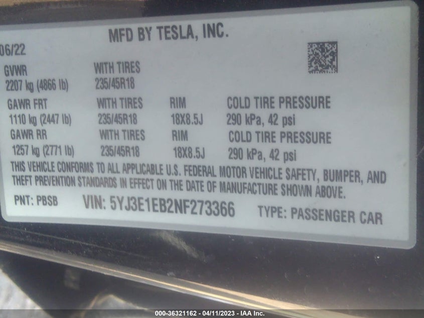 VIN 5YJ3E1EB2NF273366 2022 TESLA MODEL 3 LONG RANGE