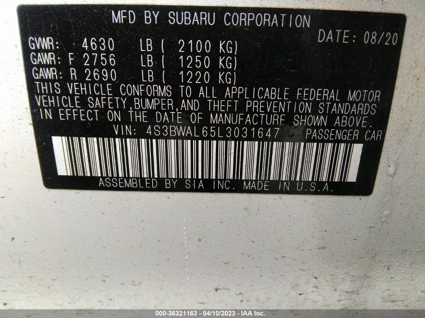 2020 SUBARU LEGACY LIMITED - 4S3BWAL65L3031647