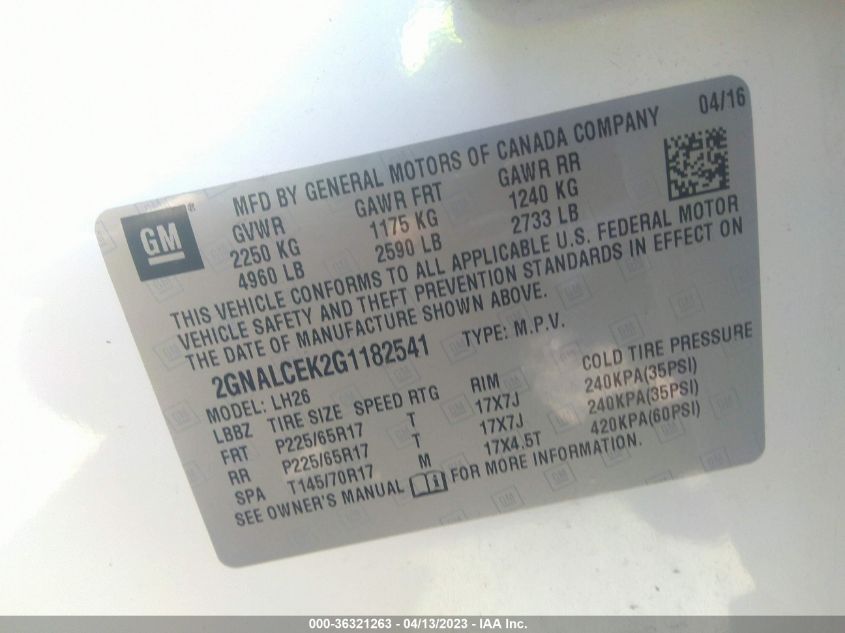 2016 CHEVROLET EQUINOX LT - 2GNALCEK2G1182541