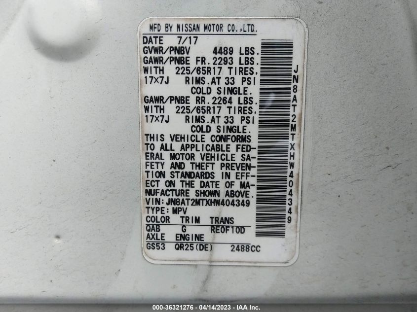2017 NISSAN ROGUE SV - JN8AT2MTXHW404349