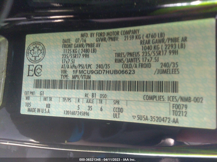 VIN 1FMCU9GD7HUB06623 2017 FORD ESCAPE SE