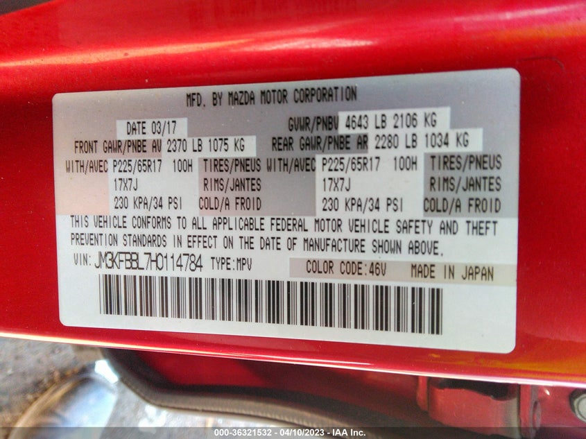 VIN JM3KFBBL7H0114784 2017 MAZDA CX-5 SPORT
