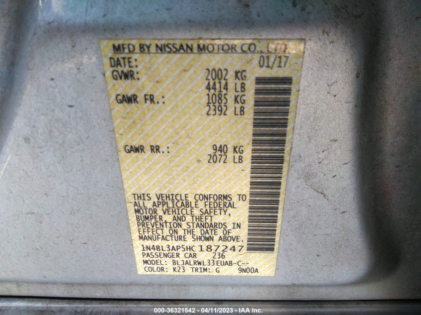 VIN 1N4BL3AP5HC187247 2017 NISSAN ALTIMA 3.5 SL