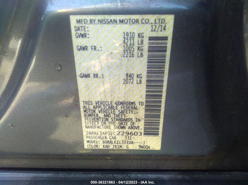 2015 NISSAN ALTIMA 2.5 SV - 1N4AL3AP3FC229603