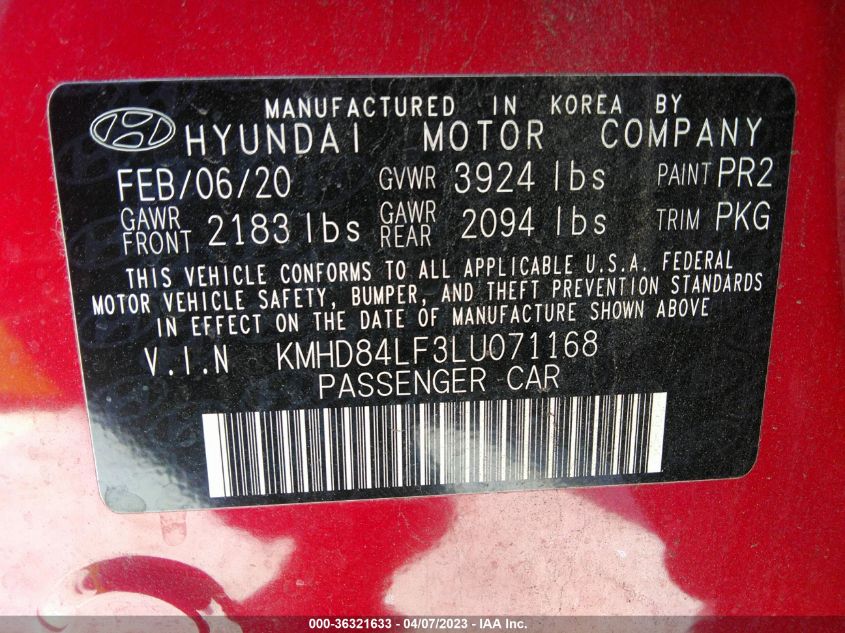 2020 HYUNDAI ELANTRA SEL - KMHD84LF3LU071168