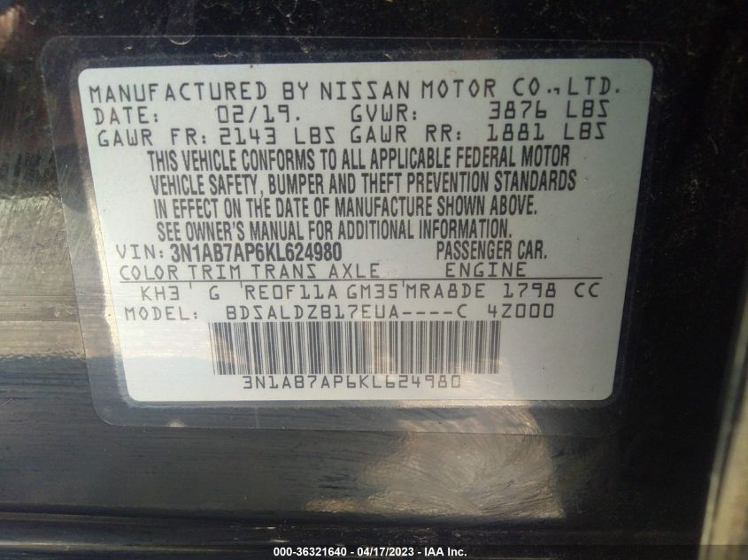 2019 NISSAN SENTRA SV - 3N1AB7AP6KL624980