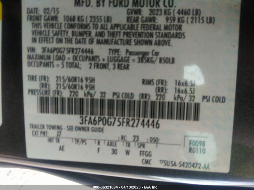 2015 FORD FUSION S - 3FA6P0G75FR274446