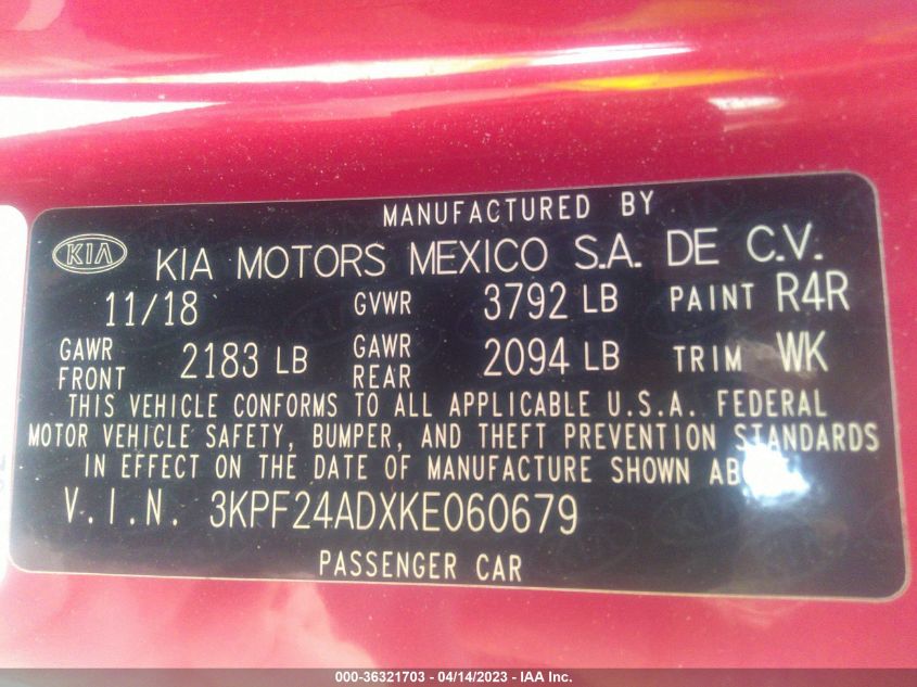 2019 KIA FORTE LXS - 3KPF24ADXKE060679
