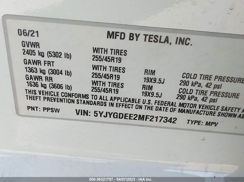 2021 TESLA MODEL Y LONG RANGE - 5YJYGDEE2MF217342