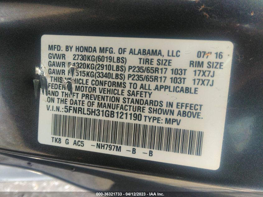2016 HONDA ODYSSEY SE - 5FNRL5H31GB121190