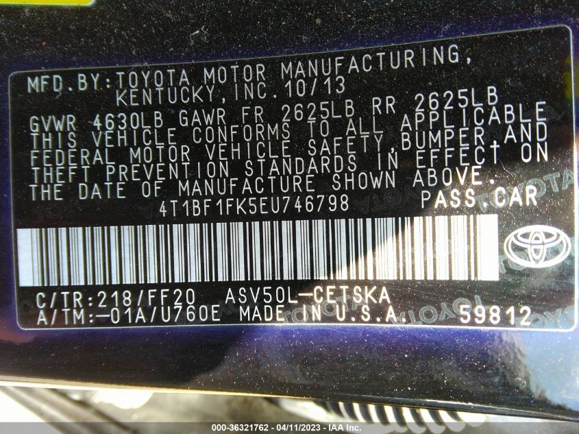 2014 TOYOTA CAMRY L/LE/XLE/SE/SE SPORT - 4T1BF1FK5EU746798