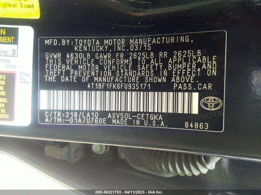 2015 TOYOTA CAMRY XLE/SE/LE/XSE - 4T1BF1FK6FU935171