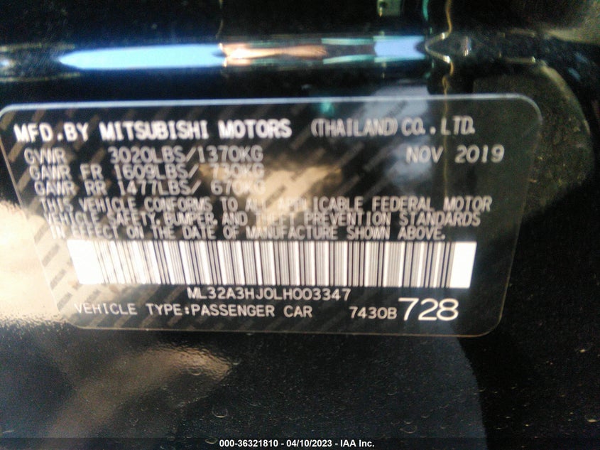 VIN ML32A3HJ0LH003347 2020 MITSUBISHI MIRAGE ES/SE