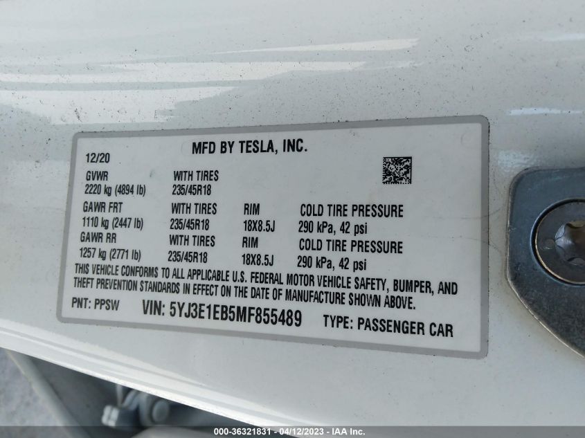 2021 TESLA MODEL 3 LONG RANGE - 5YJ3E1EB5MF855489