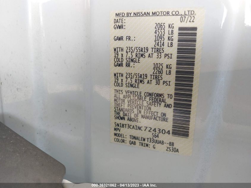 2022 NISSAN ROGUE SL - 5N1BT3CA1NC724304