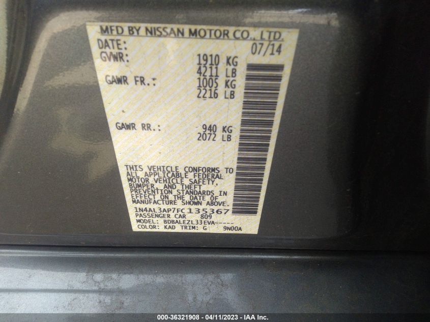 2015 NISSAN ALTIMA 2.5 S - 1N4AL3AP7FC135367