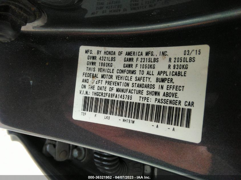 2015 HONDA ACCORD SEDAN EX-L - 1HGCR2F89FA145795