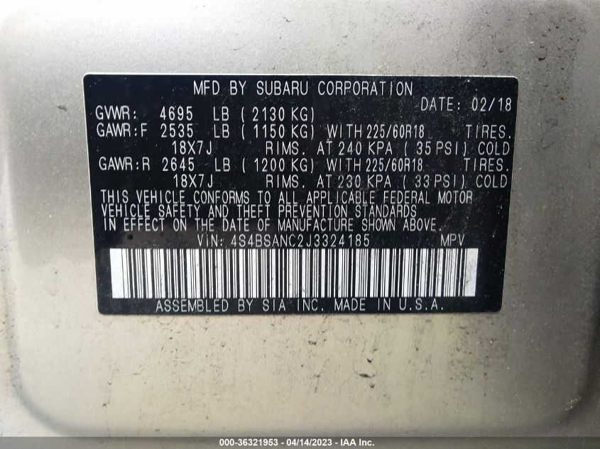 2018 SUBARU OUTBACK LIMITED - 4S4BSANC2J3324185