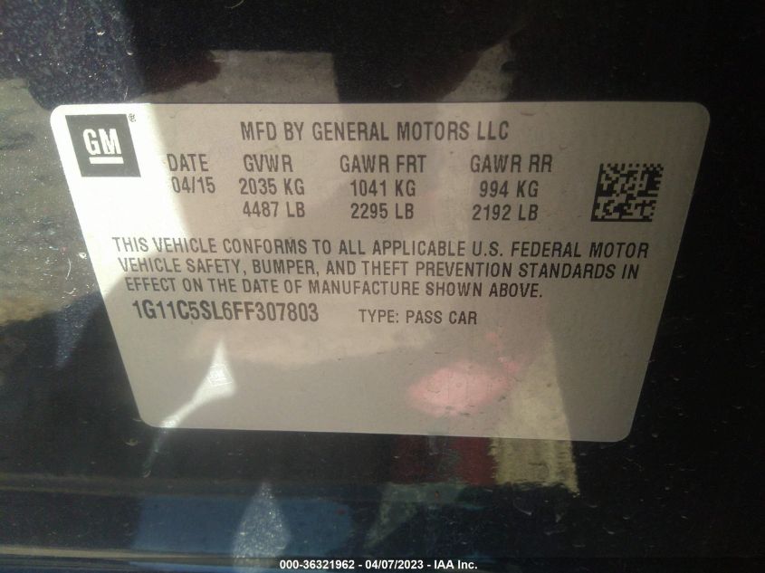 2015 CHEVROLET MALIBU LT - 1G11C5SL6FF307803
