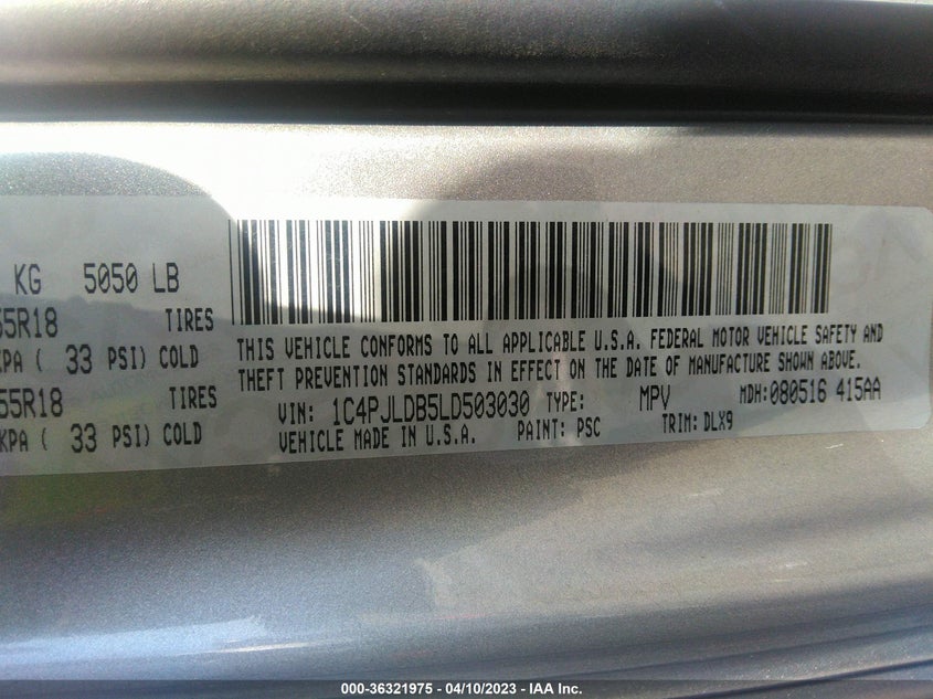 VIN 1C4PJLDB5LD503030 2020 JEEP CHEROKEE LIMITED