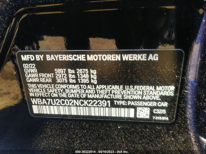 2022 BMW 7 SERIES 750I XDRIVE - WBA7U2C02NCK22391