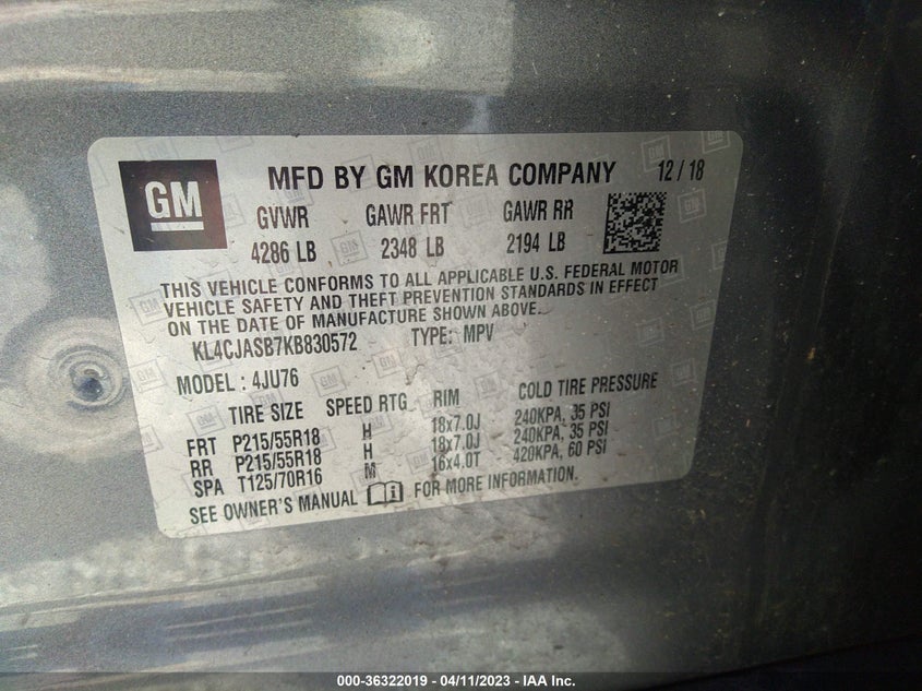 VIN KL4CJASB7KB830572 2019 BUICK ENCORE PREFERRED