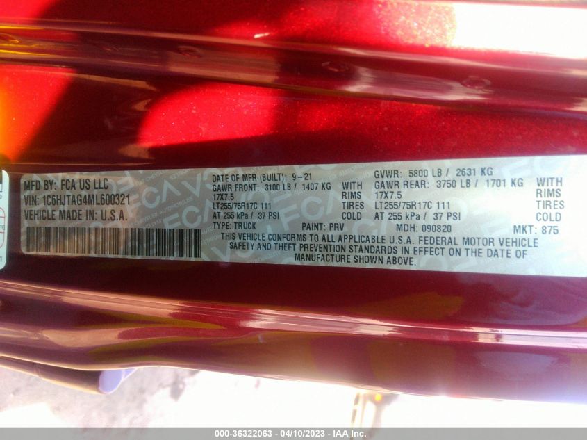 2021 JEEP GLADIATOR WILLYS - 1C6HJTAG4ML600321